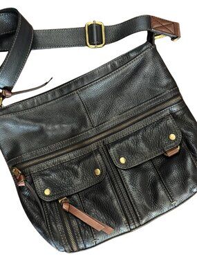 Fossil Morgan Traveler Black Pebbled Leather Crossbody Shoulder Messenger Bag